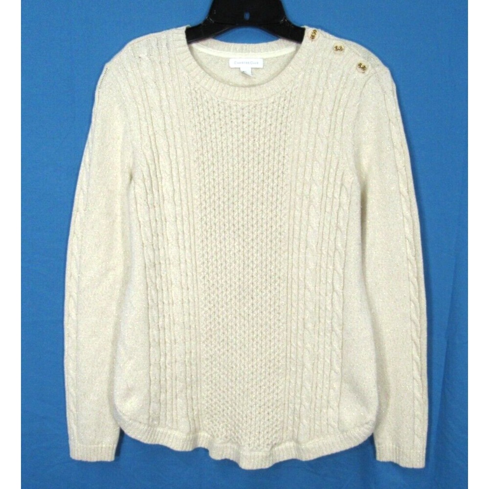 CHARTER CLUB Metallic Ivory CABLE KNIT Button Detail ROUND HEM Sweater Sz S